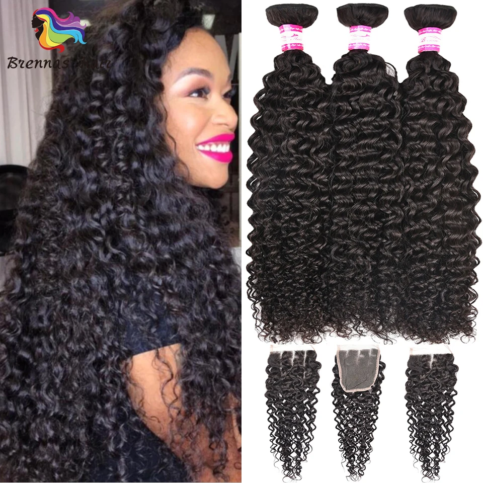 

No shedding Jerry Curly Human Remy Hair Extension 100% Brazilian 3 bundles with 4*4 closure natural black color soft hair wefts