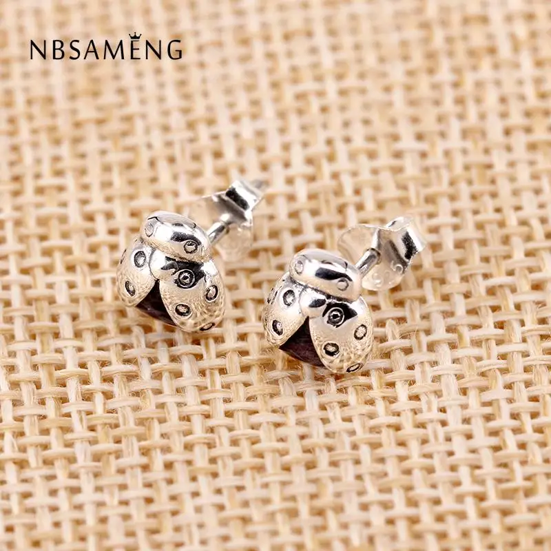 Аутентичные 925 стерлингового серебра Эмаль маленькая Божья коровка шпильки серьги подходят для женщин Пан Свадебная вечеринка ювелирные изделия