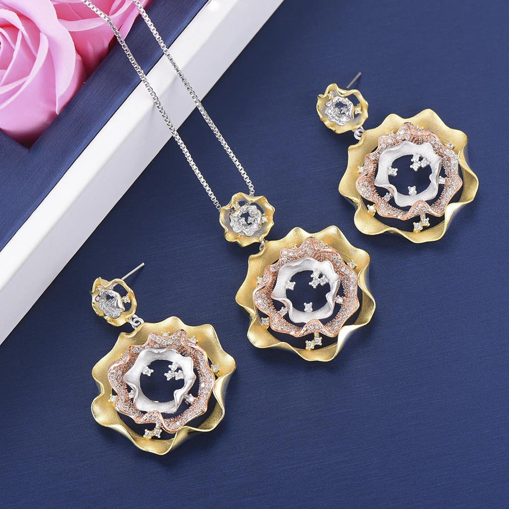 

Fashion Flower Shape Wedding jewelry sets Pendant Necklace Dangle Earrings Jewelry Sets For Women Engagement pendientes