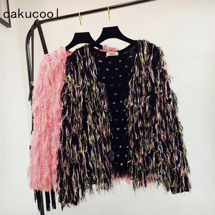 

Cakucool New Women Furry Colorful Lurex Tassel Jacket Korean Loose High Street Design Autumn Knitted Cardigan Outwear Coat Femme