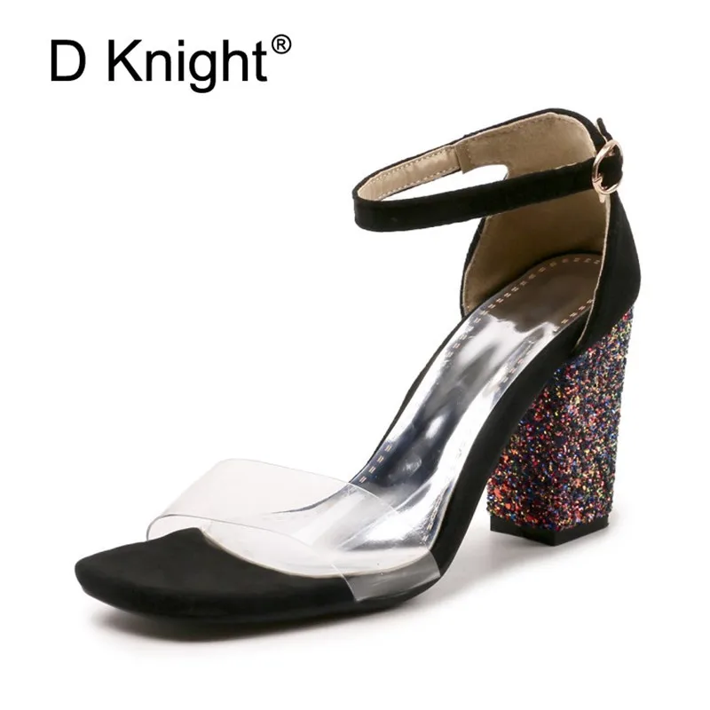 Big Size 52 Women Open Toe Strappy Ankle Strap Yellow Black Sandals Bling Transparent Clear Block Thick High Heel Sequined Shoes (27)