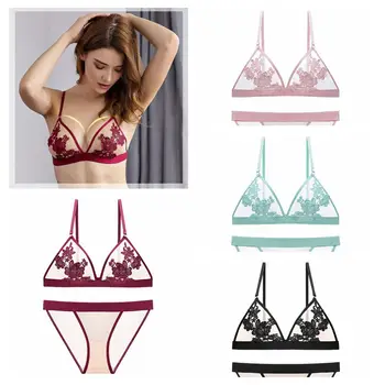 

Sexy Bra Sets Lingerie Triangle Cup Thin Cup Wire Free Embroidered Lace Underwear Set and Panties Set transparent bra
