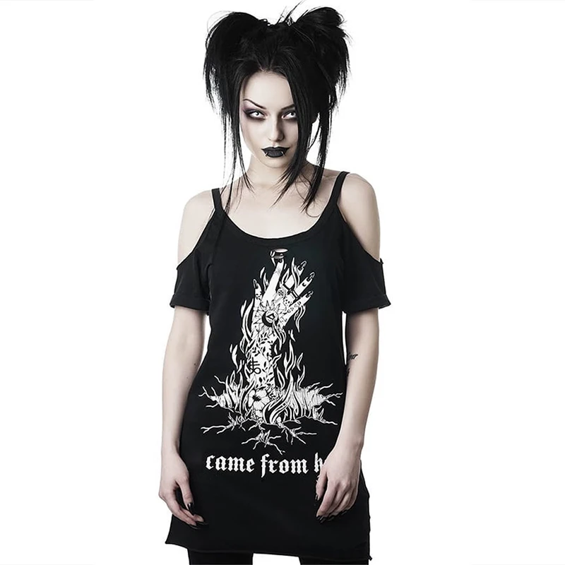 Gothic Witch Black Loose T-shirts Summer Fingers Printe Off Shoulder Punk Streetwear T-shirt Short Sleeve Harajuku Long T-shirt