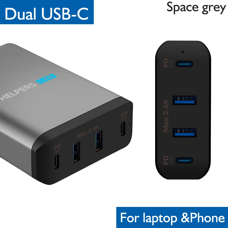 Dual type-C PD Адаптер зарядного устройства для путешествий с 2 USB-C PD и 2 USB 5 в 2,4 A совместим с большинством USB-C ноутбуков и телефонов, таких как DELL XPS