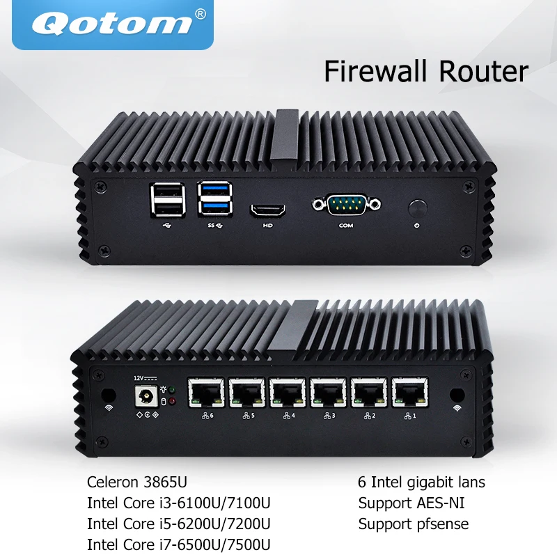 QOTOM Мини ПК Core i3 i5 i7 безвентиляторный VPN компьютер 6 гигабитный Ethernet AES NI OPNsense