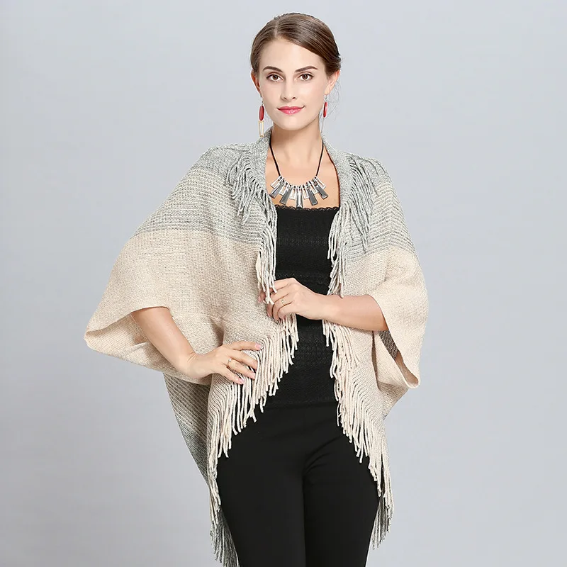 SC230 2018 Oversize Cape Winter Knitted Loose Striped Poncho Women Cardigans Female Short Sleeves Vintage Tassel Long Sweater