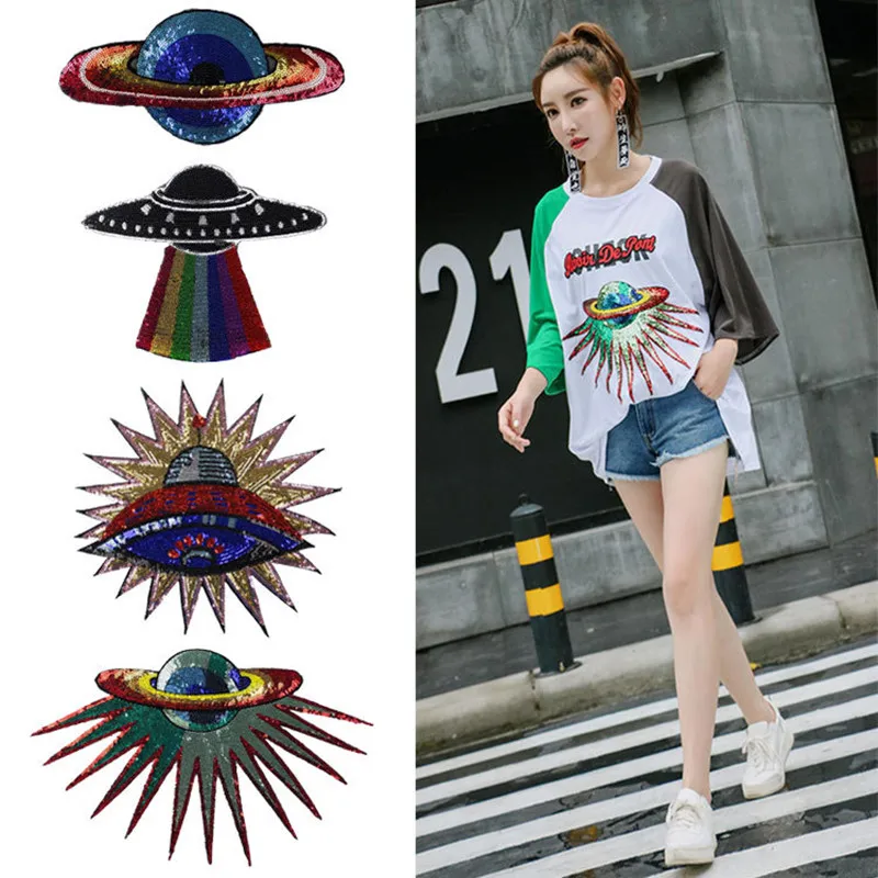 

Ufo Quality Large Sequins Patch Iron on universe applique, planet patch for T-shirt Garment DIY Apparel Accessories