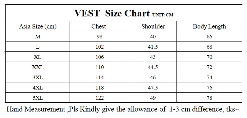 Suit Vest Size Chart