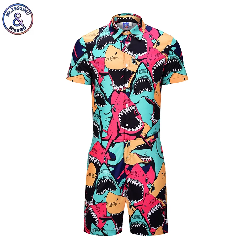 

Mr.1991INC Cartoon Shark Print Rompers Men Summer Short Sleeve Jumpsuit Cargo Overalls Fashion One Piece Set Dropship