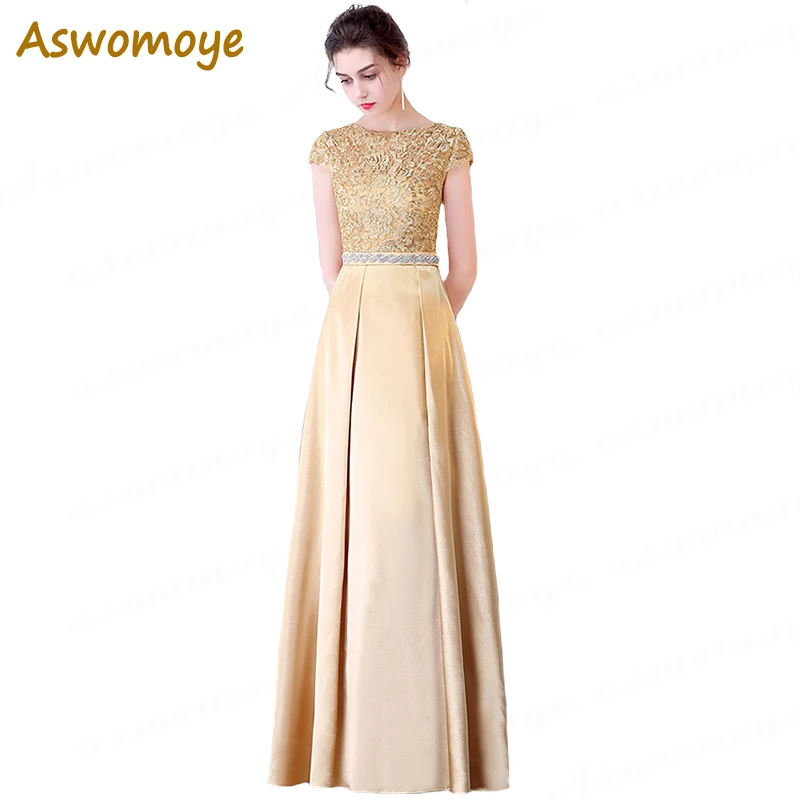 Aswomoye, вечернее платье с коротким рукавом, аппликация, вышивка, Платья для вечеринок, иллюзия, круглый вырез, а-силуэт, атласное выпускное платье, robe de soiree - Цвет: Золотой