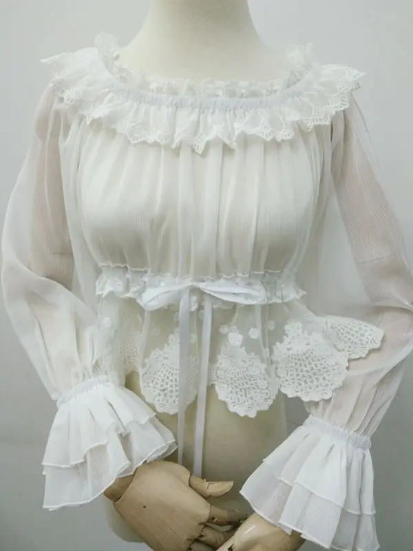 

Summer Off the Shoulder White Lolita Lace Blouse with Long Flare Sleeve Elastic Waist