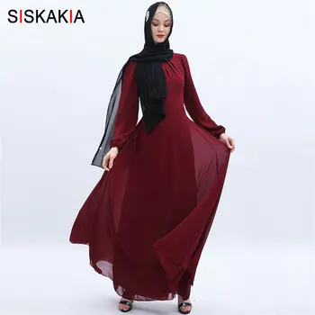 

Siskakia Elegant Muslim Inner Dress Full length Brief Solid Self-Belt Draped Swing Maxi Dresses Burgundy Beige Black Chiffon O Neck Long Sleeve Arabian Clothes High Quality