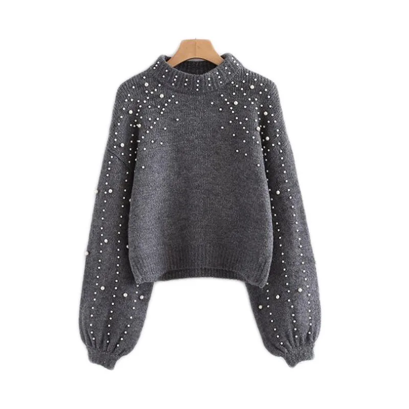 

Women Bishop Sleeve Pearl Beading Crop Women Sweater 2018 Autumn High Street Sweater Warm Winter Girl Pullovers Jumper B316