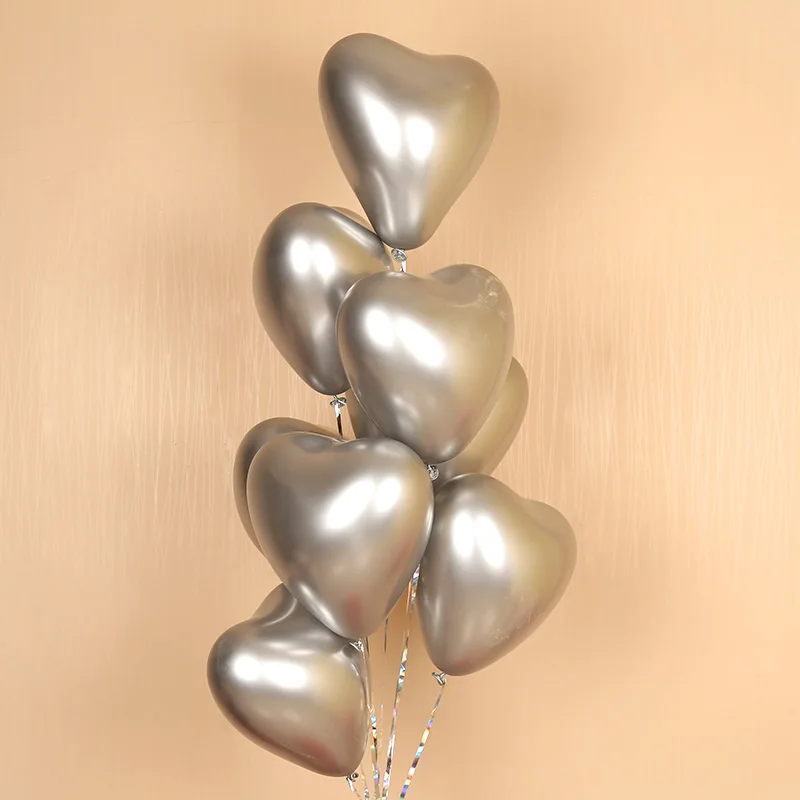 Metallic Silver 10 шт. блестящие металлические латексные шары в форме сердца, толстый хромированный металлический надувной шар Globos, украшения для свадьбы, дня рождения, вечеринки для детей - Цвет: Metallic Silver