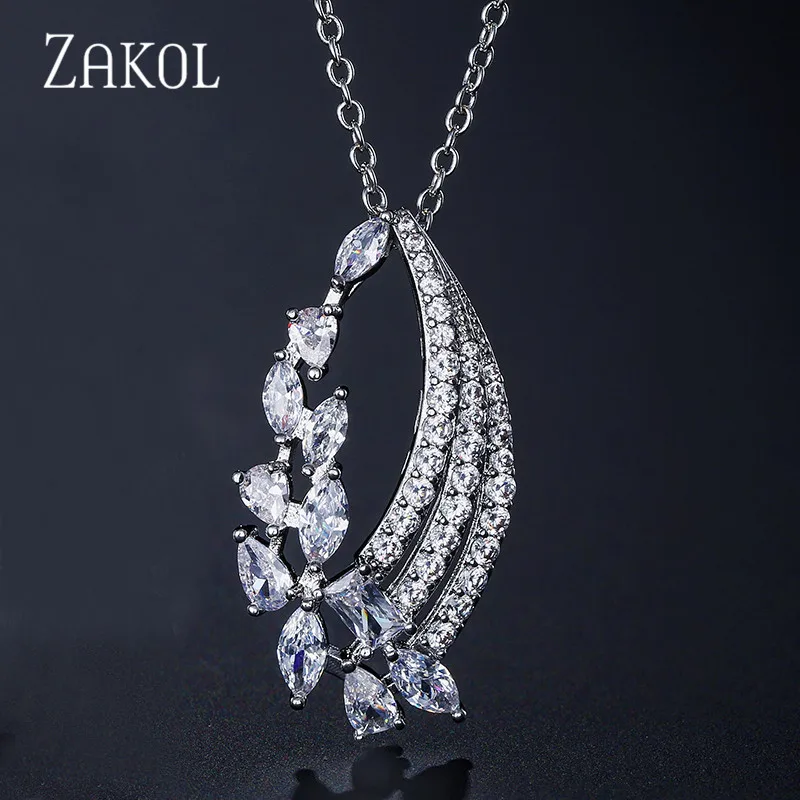

ZAKOL Delicate Zirconia Crystal Leaf Pendant Necklaces for Women Fashion Olive Branch Wedding Jewelry Free Shipping FSNP2042
