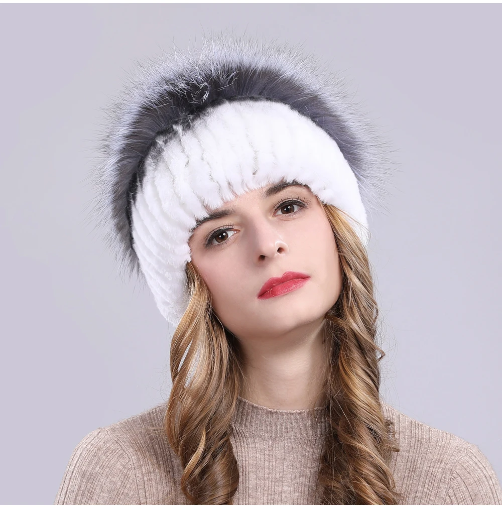 Outdoor Women Warm Soft Genuine Rex Rabbit Fur Hat Knitted Natural Real Sliver Fox Fur Caps Winter Real Rabbit Fur Beanies Hats