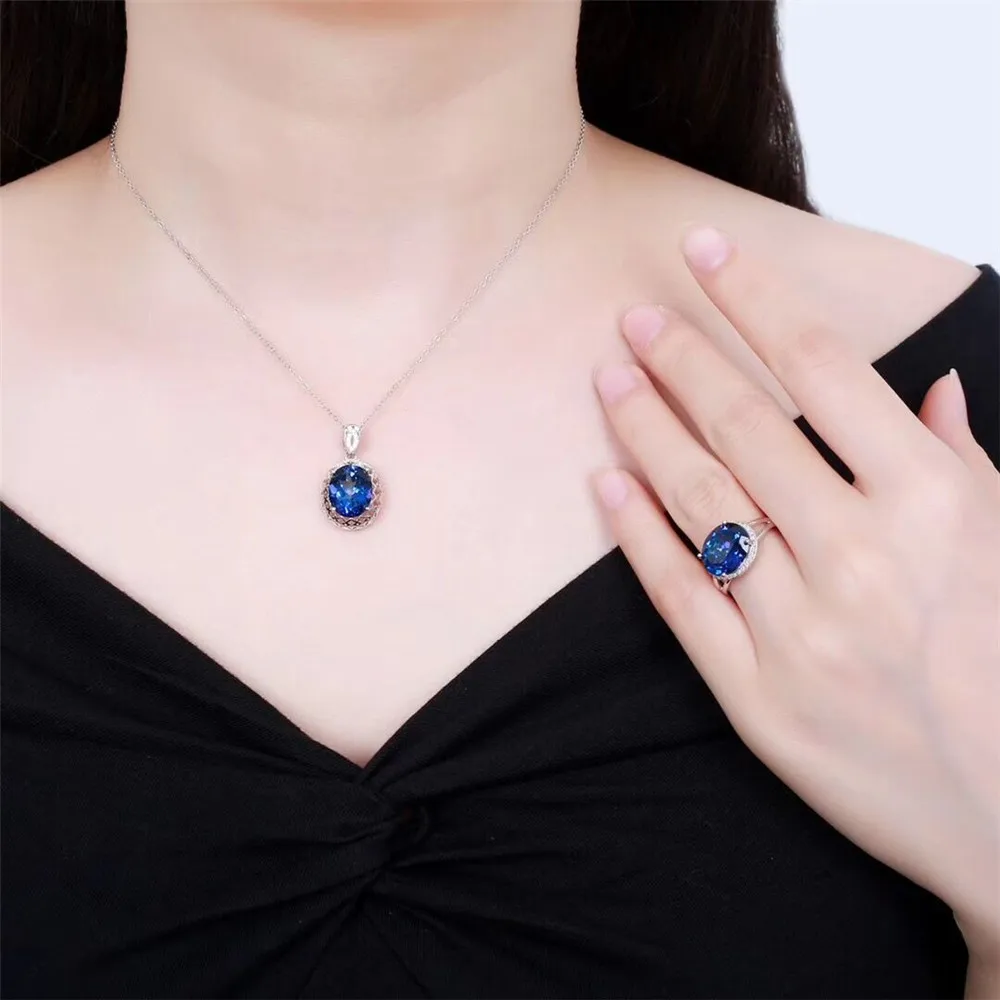 Fine jewelry Оптовая Продажа с фабрики Классический стерлингового серебра 925 натуральный ожерелье из голубого топаза кулон кольцо комплект