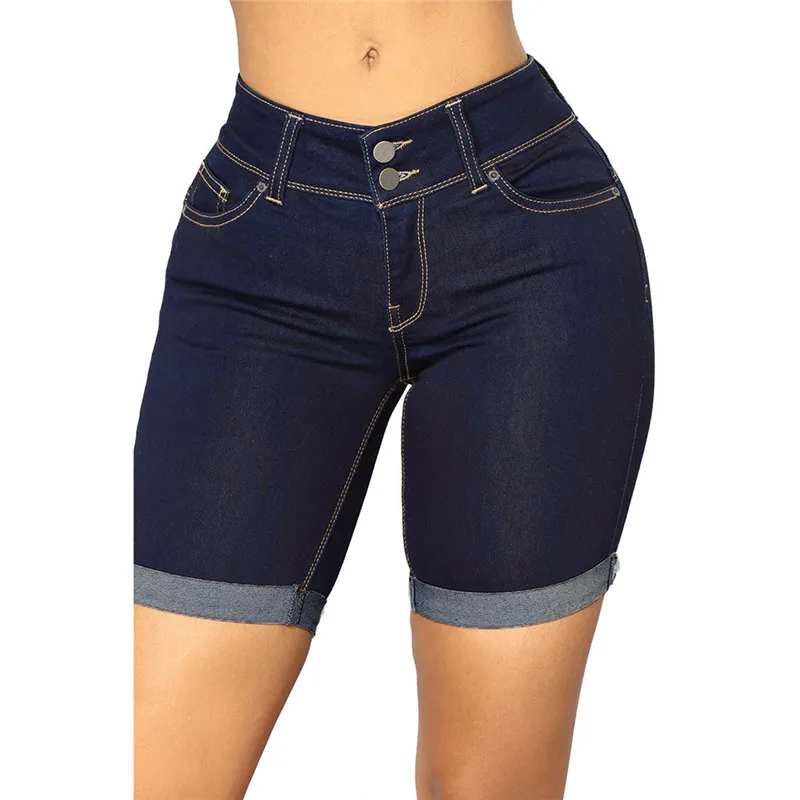 

Women Vintage Mid Waist Blue Jeans Shorts Elegant Ladies Casual Stretch Denim Shorts Plus Size Blue Black Dark Blue Color
