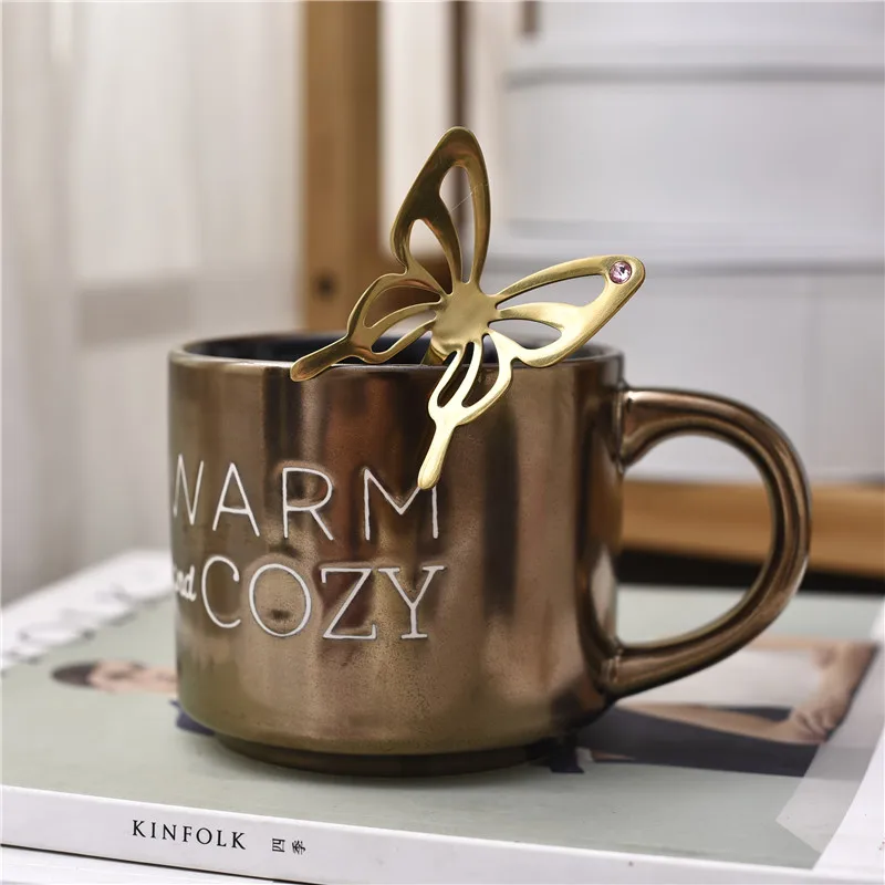 Classical Retro Metal Coffee Cups Ceramics Nordic Style Golden Handgrip Mugs 400ml Handmade Milk Cup Mug Best Gifts | Дом и сад