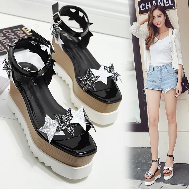 

Glitter Stars Brogue Sandals Woman Super Platform Sandals Silver Wedges Beach Slippers Summer Shoes Woman Open Toe Sandalias