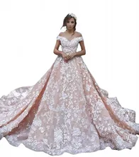 Luxury Off the shoulder Lace Flower Wedding Dresses 2016 Bridal Gown with Court Train Ball Gown Casamento Vestido De Noiva