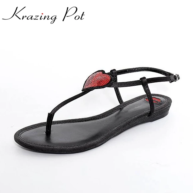 

Krazing Pot new fashion women brand shoes buckle straps love lips printing peep toe genuine leather superstar women sandals L12
