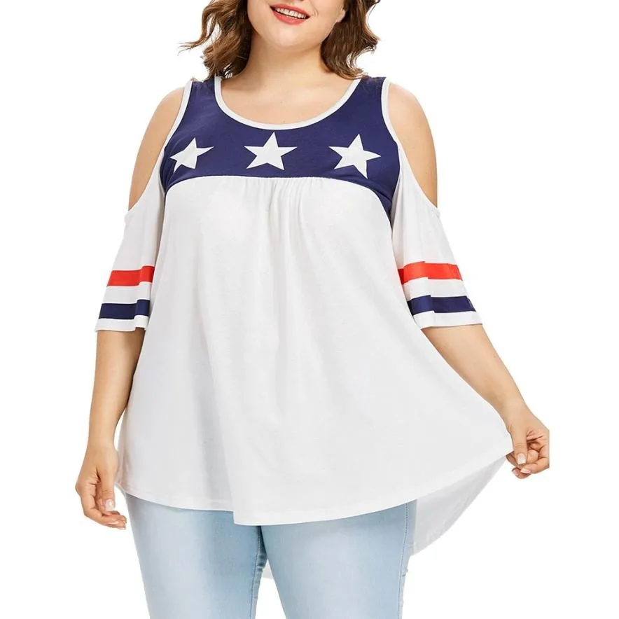 Women Casual Plus Size 3XL Patriotic Printed Cold Shoulder American