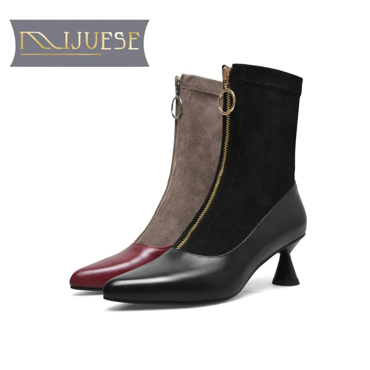 

MLJUESE 2018 women Mid calf boots cow leather zippers wine red color zippers autumn spring high heels women martin boots size 43