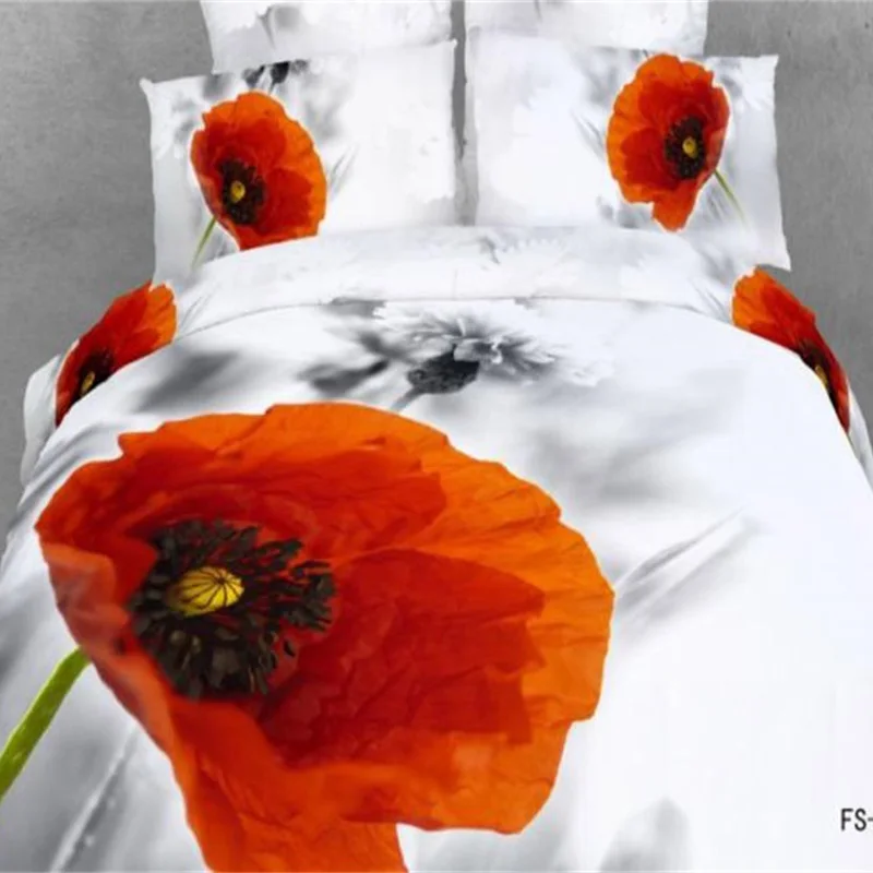 Unique Black And White Design Red Flower 3d Bedding Set Queen Size