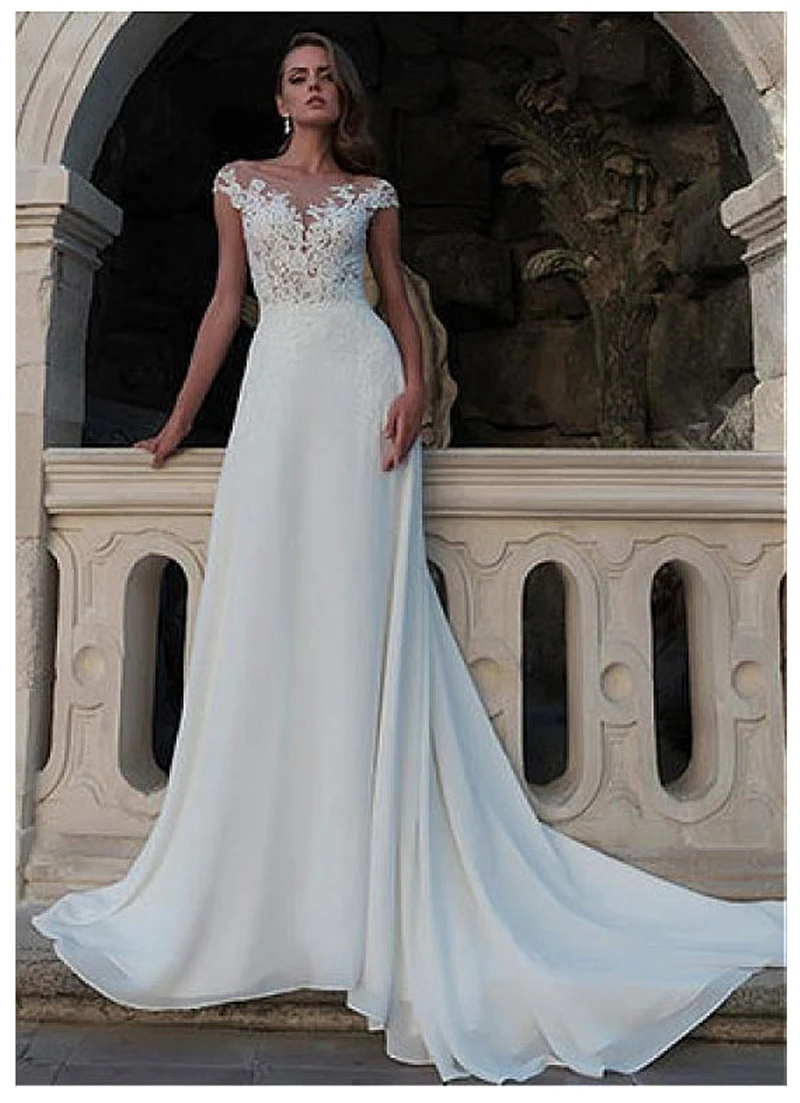 

LORIE Chiffon Beach Wedding Dress 2019 Appliques Lace Scoop Neck Princess Bride Dress Floor Length Backless Wedding Bridal Gowns