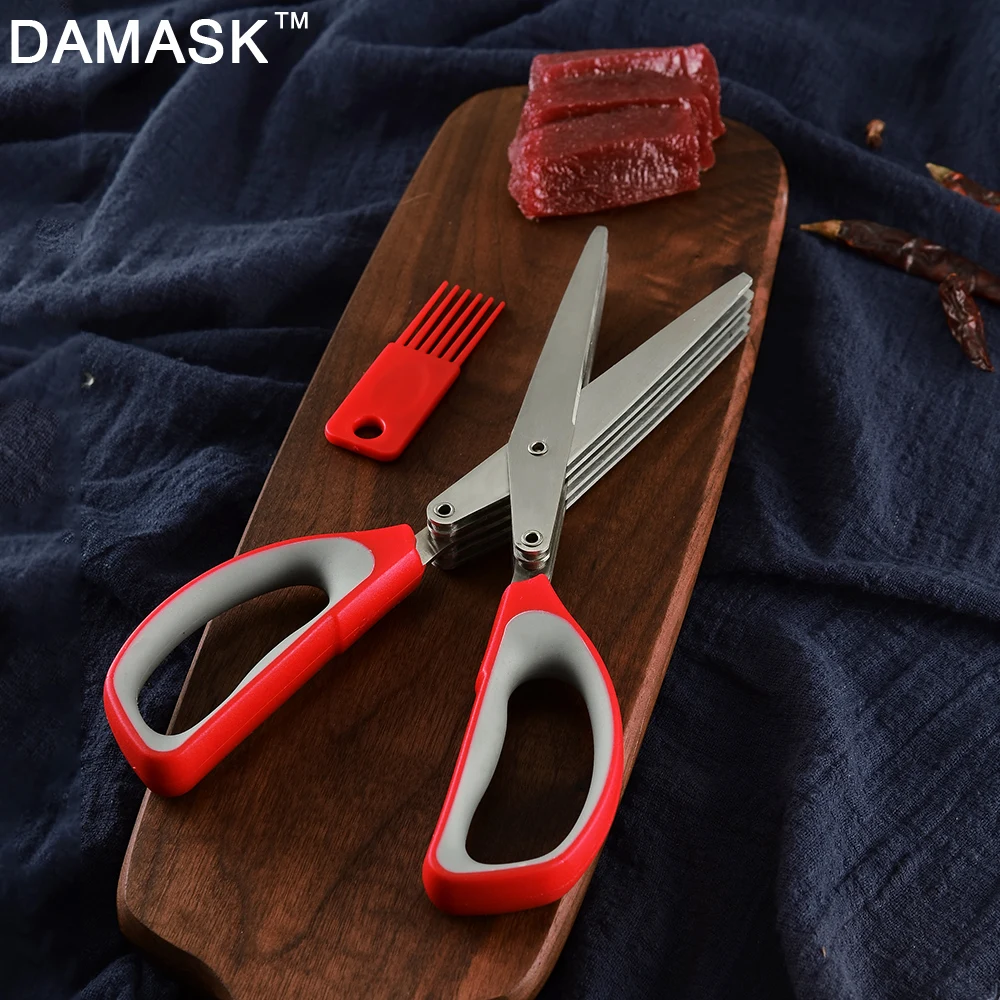 

Damask Multi-function Kitchen Scissors 5 Layer Stainless Steel Shear Scallion Herb Laver Scissors with Clean Comb Chopper Tool