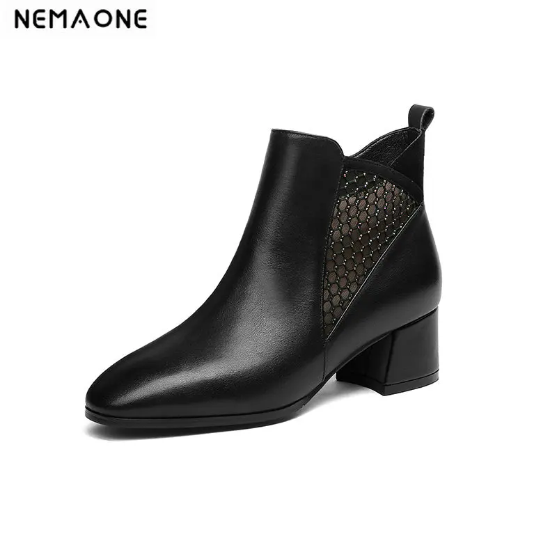 

NEMAONE cow leather Women Ankle Boots high heels Autumn Winter Ladies dress work Shoes Woman Brand Basic Boots size 41 42 43
