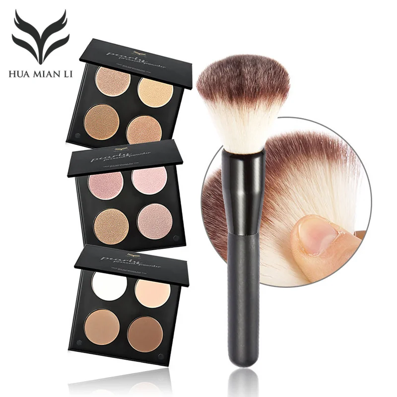 HUAMIANLI Brush + 4 Color Bronzer Highlighter Powder Makeup Matte