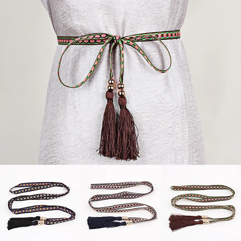 Women Fashion Rope Waist Belt Geometry Braided Tassels Waistband Ethnic
