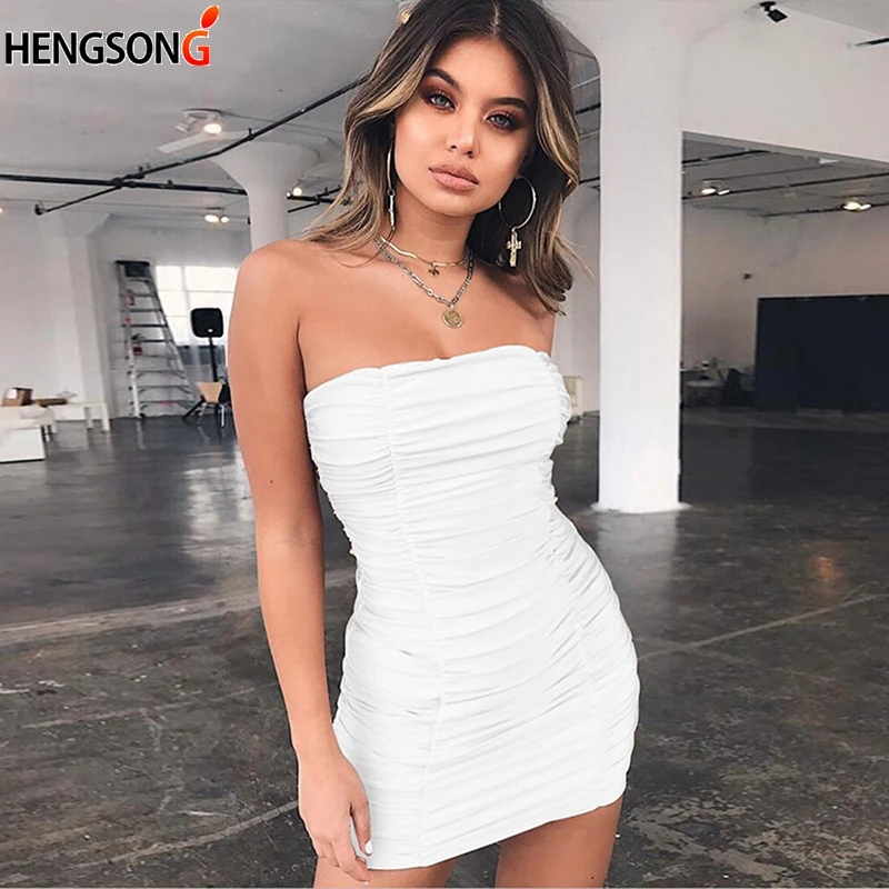 

Sexy Bag Hip Mini Backless Pleated Dress Ladies Sleeveless Tube Top Folds Dresses Off Shoulder Bodycon Slim Party Dress Vestido