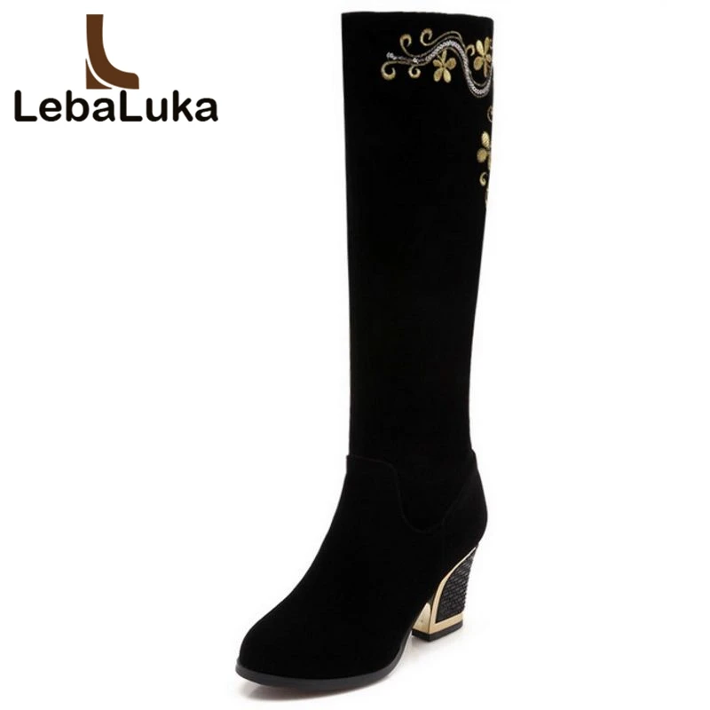

Lebaluka Size 33-43 Women High Heel Boots Flower Embroidery Knee Boots Women Winter Shoes Thick Fur Long Botas Women Footwears