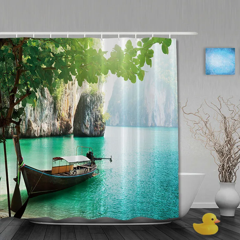 Lake Landscapes Bathroom Shower Curtains Mountain Boat Shower Curtain Waterproof Polyester