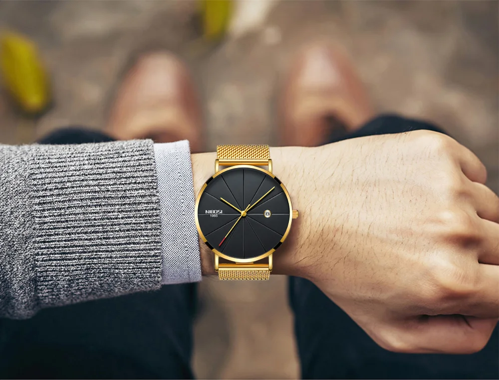 NIBOSI watch men black quartz wristwatches stainless steel mesh brand  watches men ultra thin quartz relogio masculino dourado (20)