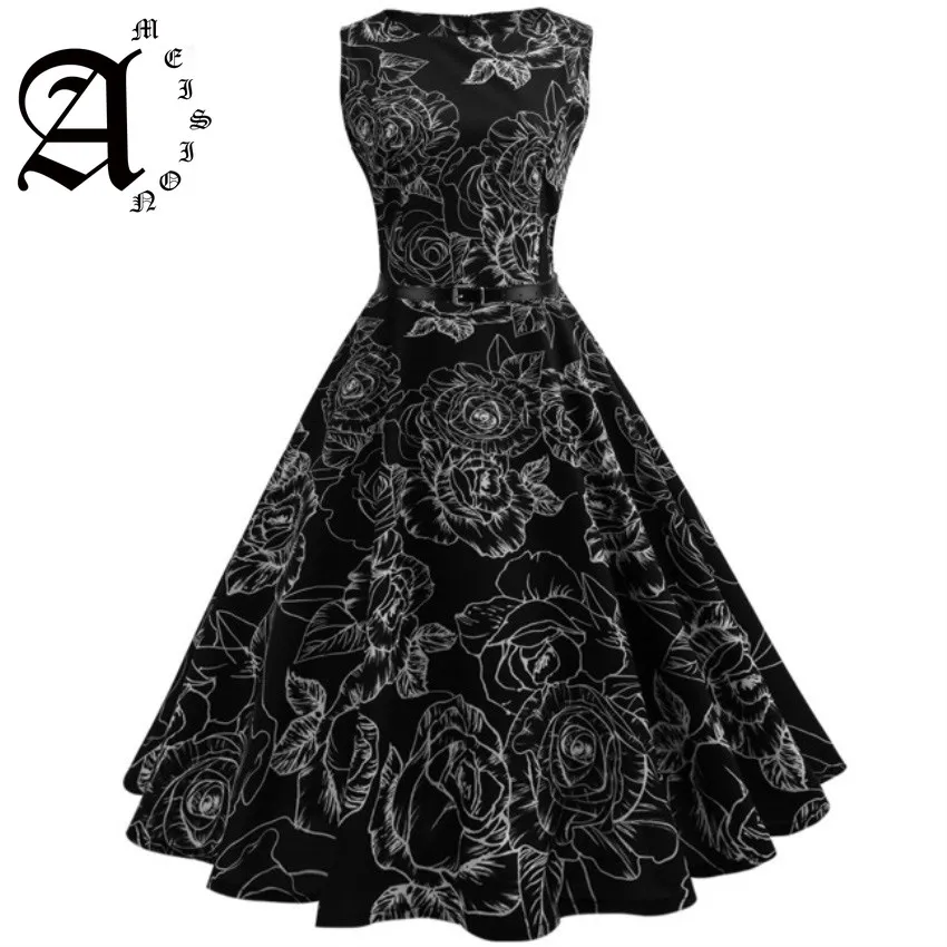 

Ameision New Women Summer large print dress Vintage 1950s 60s Retro Pinup Swing Party Evening Formal Dresses With Belt