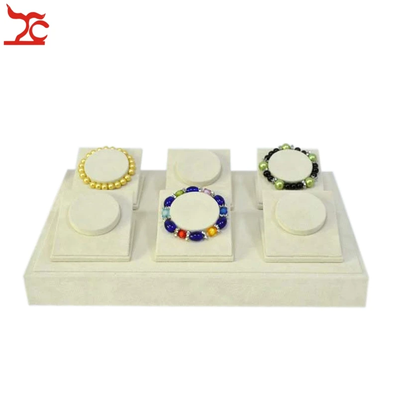 

High Quality Jewelry Bracelet Display Stand Beige Velvet Bangle Holder Wooden 6 Pcs Bracelet Display Stand Tray 35*25*8CM