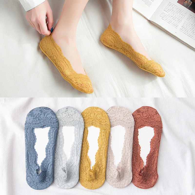 

Women Socks Lace Invisible Socks Women 4/5 pairs Slippers Boat Thin Summer Solid Color Low Cut Short Socks for Girls
