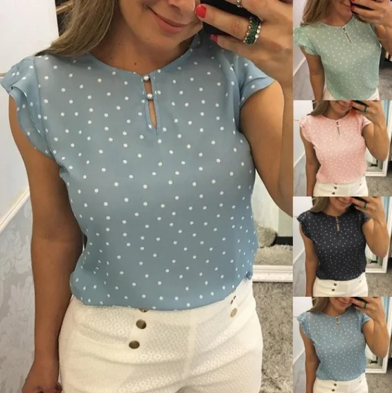 

2019 Summer Women's T-shirt Polka Dot Print Chiffon Round Neck Sleeveless Top Casual Large Size T-Shirt S-5XL
