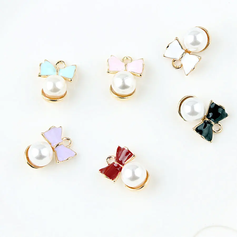 

MRHUANG 10pcs imitation pearl bow floating Enamel Charms Alloy Pendant fit for bracelet DIY Fashion Jewelry Accessories