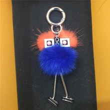 New Chicks Robot Real Mink Fur Witch shape Women Bag Bug Monster Bag Charm Genuine Pompom Luxury Keychain Fo-K038-blue