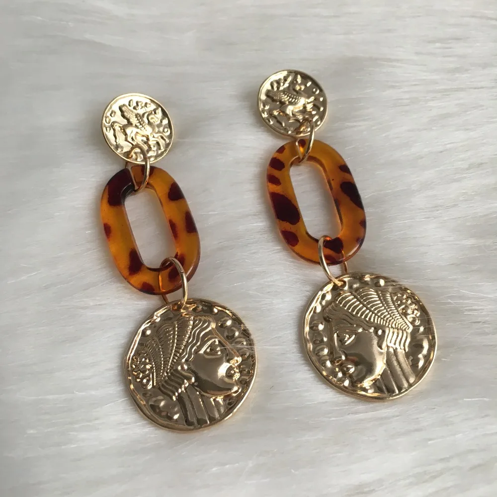 

TRENDY EARRINGS GOLD COLOR PLATING COIN WITH LEOPARD PRINT ACRYLIC PLATE DROP EARRING FOR WOMEN GIRL