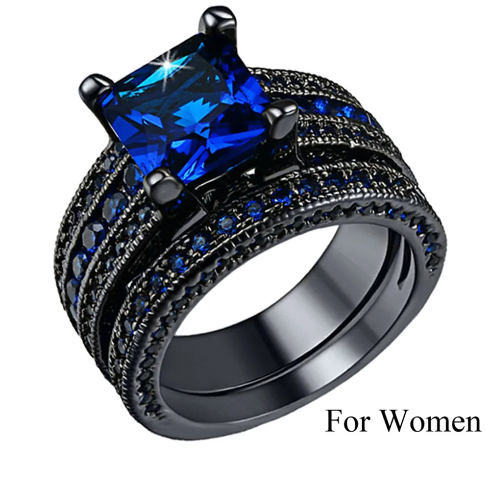 Black Silver Engagement Wedding Couples Ring Set Womens 2pcs Princess White CZ Blue Mens 316L Stainless Steel Jewelry