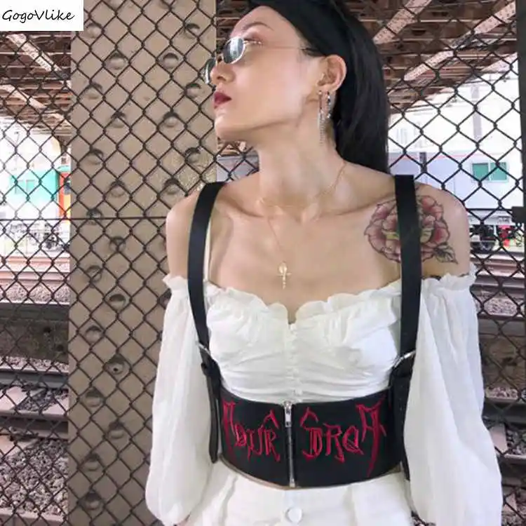 

Embroidery Letter Wide belts Black Big waistbelt Gothic cummerbund PU Leather Suspenders girl Vintage Orginal Design BT041S50