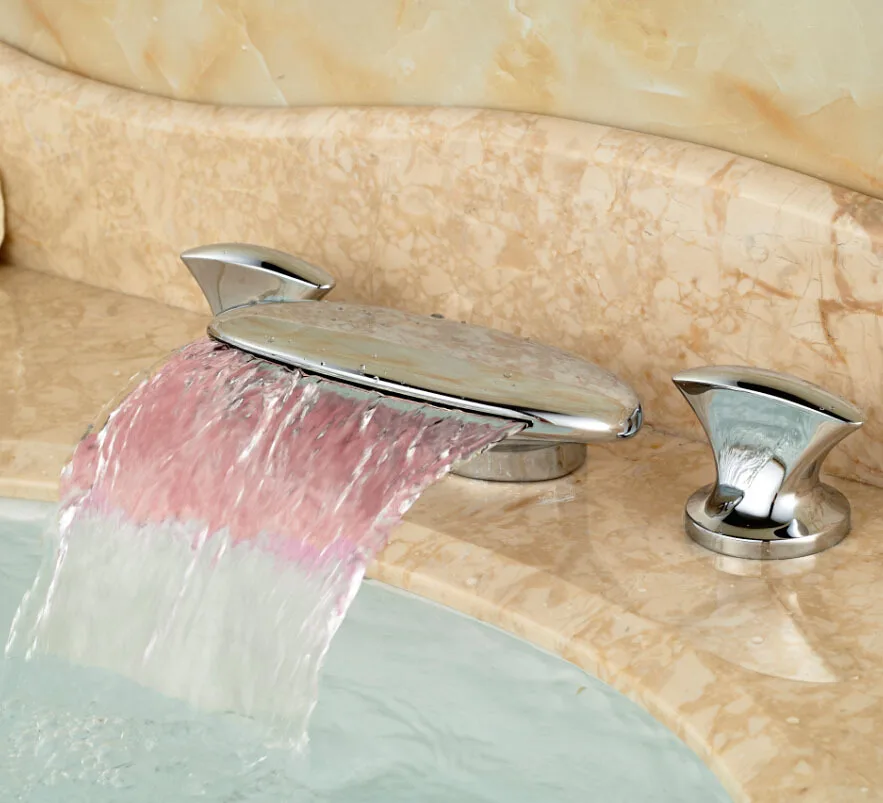 Bright Chrome Deck Mount Color Chaning LED Waterfall Basin Vessel Sink Mixer Faucet 3 Holes Hot