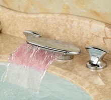 Bright Chrome Deck Mount Color Chaning LED Waterfall Basin Vessel Sink Mixer Faucet 3 Holes Hot