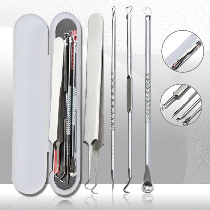 Shellhard 4pcs/Set Silver Blackhead Extractor Needle Tweezer Comedone Acne Pimple Blackhead Extractor Remover Tools Kit